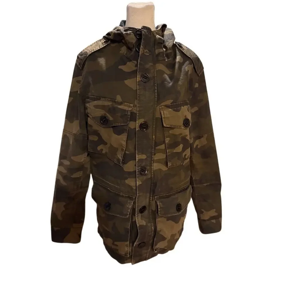 Banana Republic Military Field Jacket Mens S Green Camo Hooded 4-Pocket
